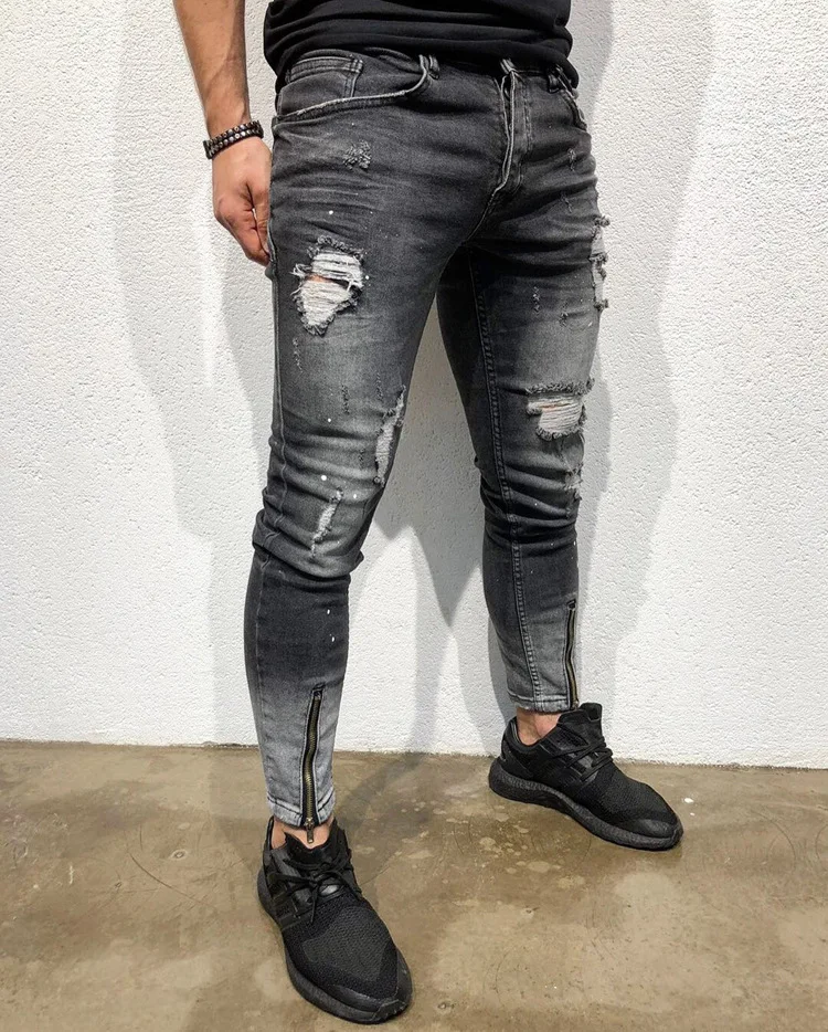 Black Jeans Men Slim Fit Ripped Hole Mid Waist Distressed Jeans Man Fashion Skinny Ankle Zipper Stretch Denim Pants Streetwear