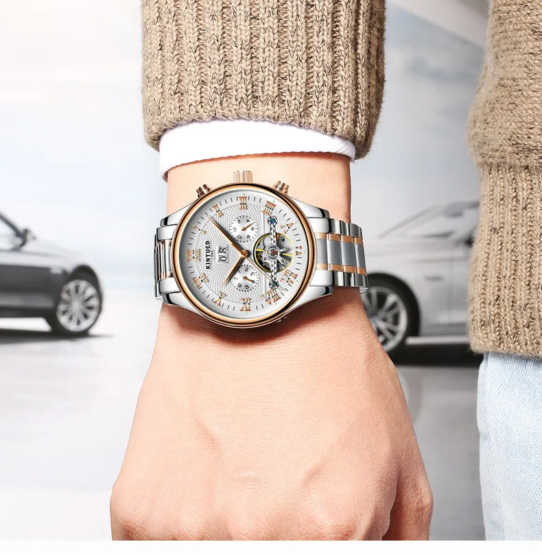 Механические Мужские часы KINYUED Skeleton Tourbillon, автоматические, классические, розовое золото, кожа, механические наручные часы, Reloj Hombre