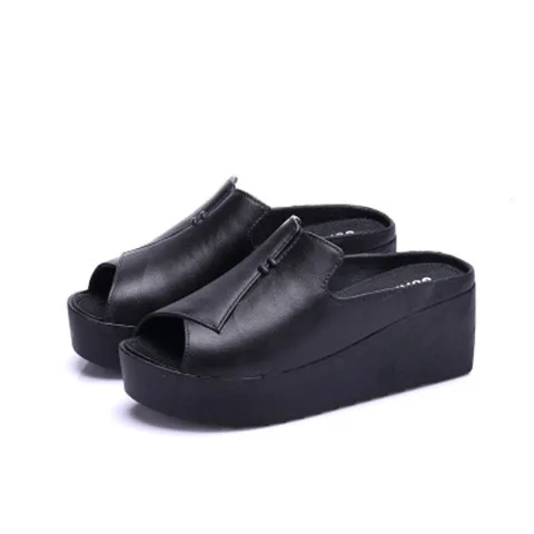

Summer New High Heels Women Platform Slippers Outsize Fashion Peep Toe Ladies Flat Slides Black Solid Rubber Slippers