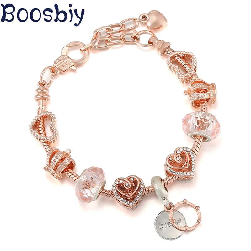 

Новый дизайн, очаровательный браслет из розового золота с застежкой-лобстером, с блестящей короной, бусинами, подвески «сделай сам», регули...