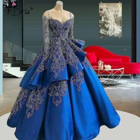 aso ebi royal blue mermaid evening dresses appliques beaded long sleeves prom dress ruffles plus size women party gowns
