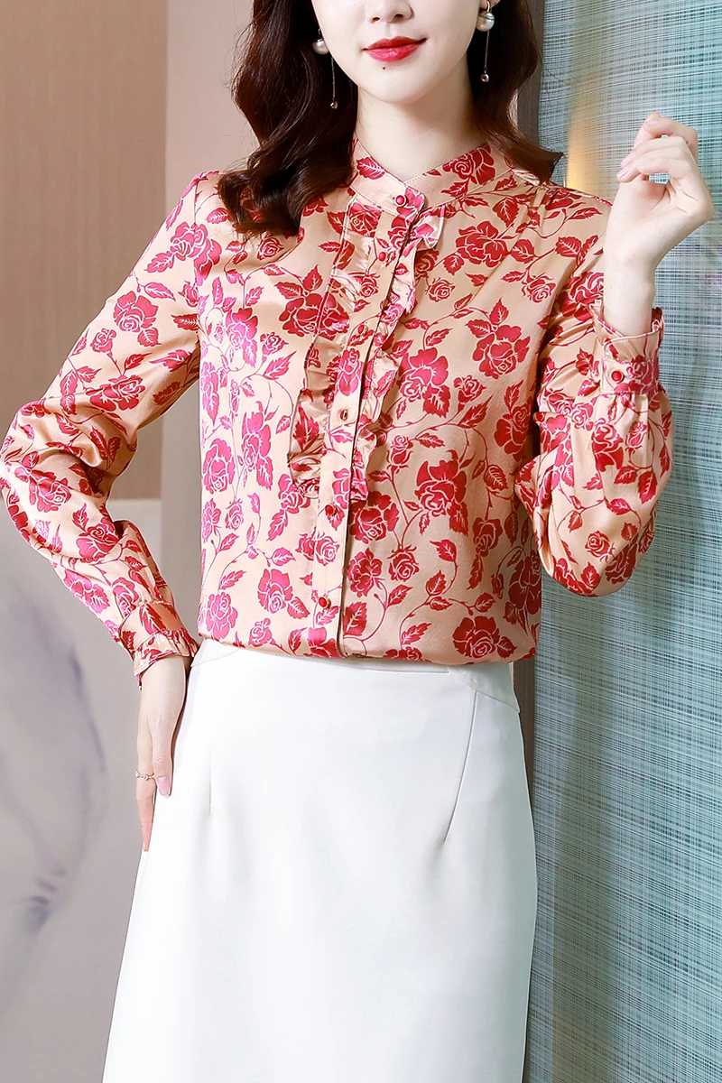 

Hangzhou's new silk shirt women's silk 2021 autumn fashion printed shirt windproof jacket