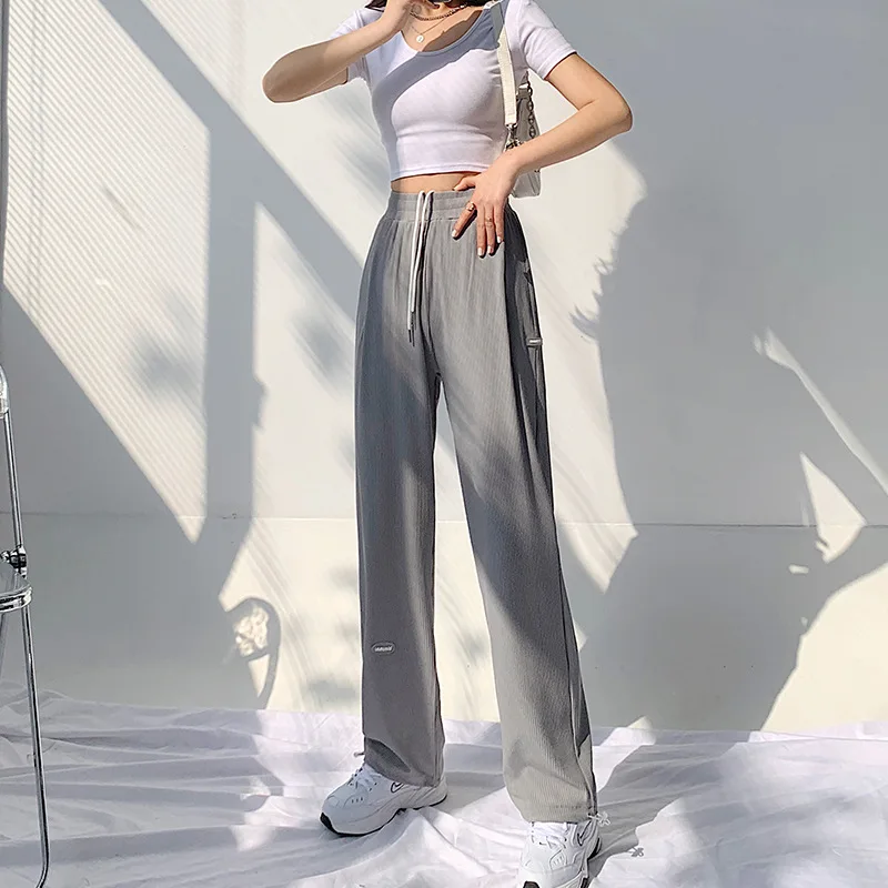 

Summer Thin Sports Pants Women Loose Tie Feet Thread Wide Leg Pants Korean Casual High Waist Straight Trousers Sports Bottoms