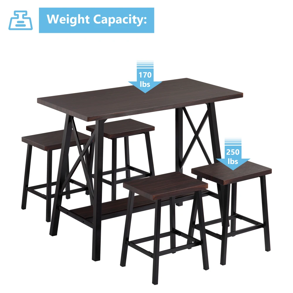 

5-Piece Bar Table Set, Counter Height Bar Table with 4 Bar Stools, Bistro Style Bar Table and Stool, Espresso
