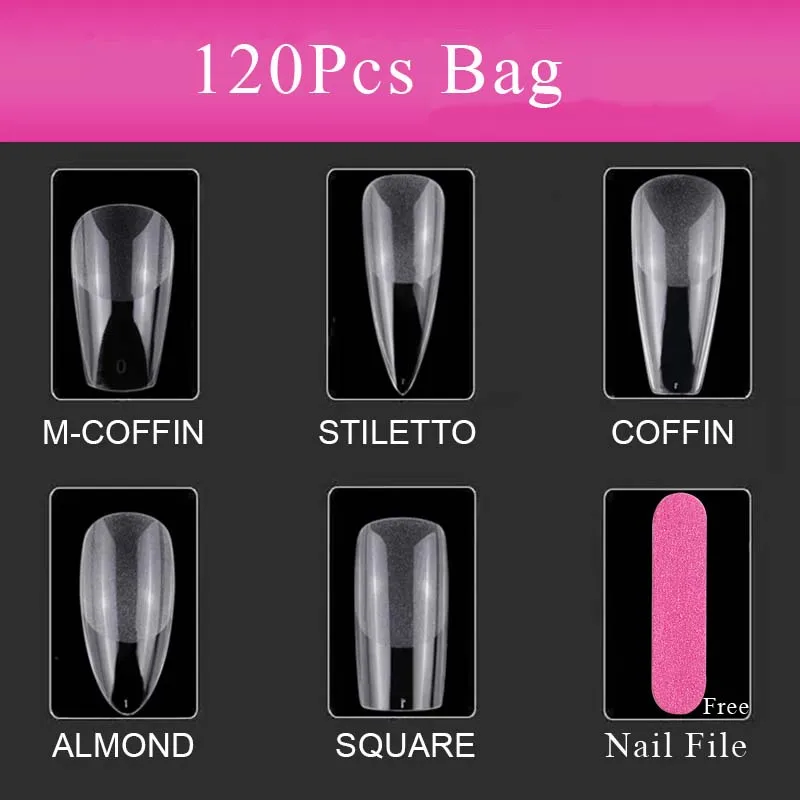 

120 Pcs Gel X Nail System Full Cover almond Stiletto Coffin Acrylic False Nails Quick Finger Extension Art Fake Nails Tips