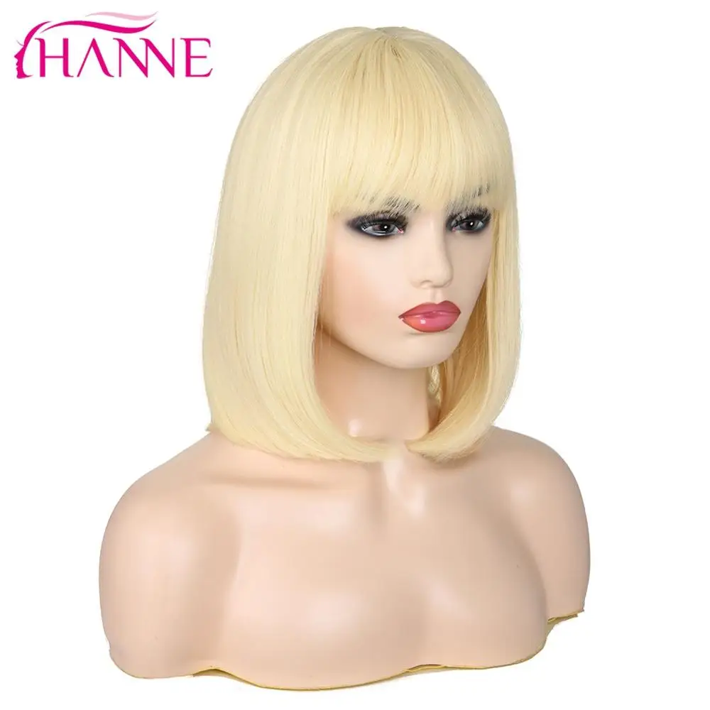 

HANNE Straight Blonde Synthetic Wigs With Bangs For White Women Shoulder Length Hair Bob Wig Heat Resistant for Daily Use