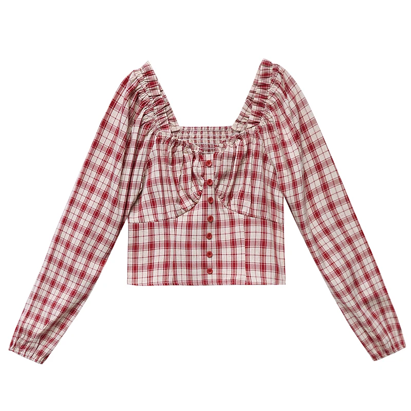 

COIGARSAM Full Sleeve Shirt Womens tops Spring Plaid Square Collar High Waist Women shirts 6330