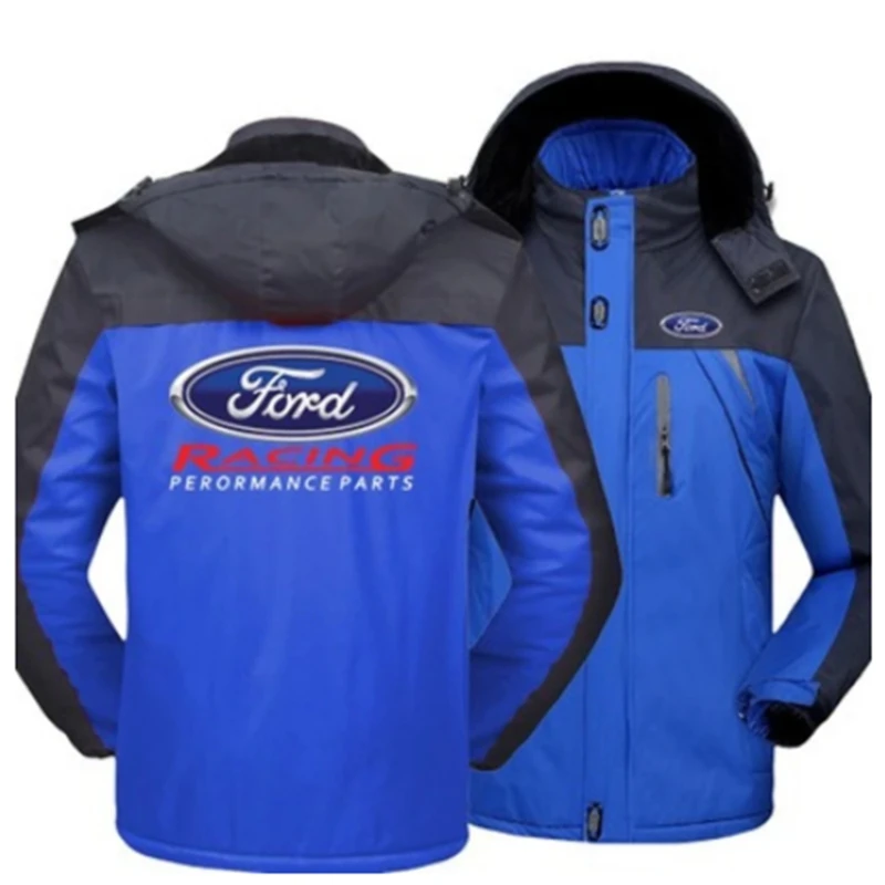 

New Winter Men Ford Racing Logo Jacket Thick Velvet Warm Coat Male Windproof Hooded Outwear Casual Mountaineering Overcoat