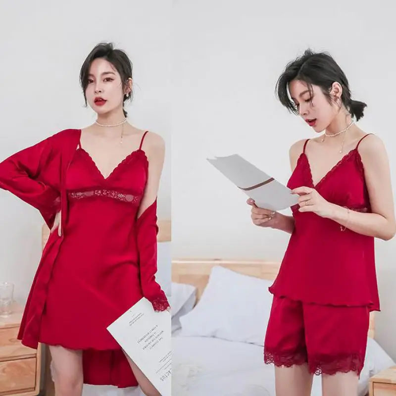 Комплект женский атласный из 4 предметов пикантная кружевная короткая Пижама