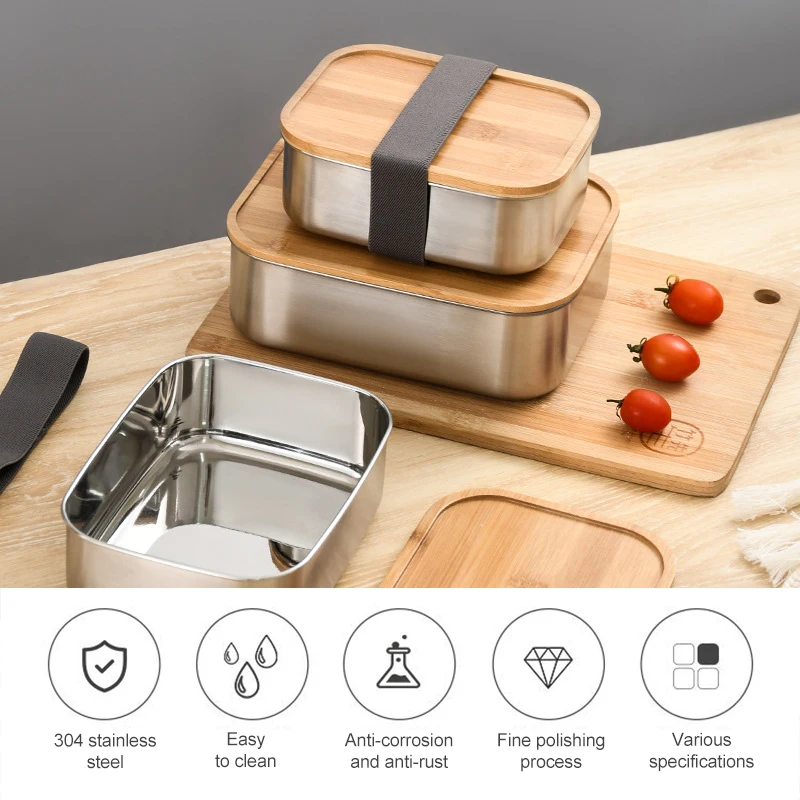 Stainless steel Lunch Box with wood Cover tableware Japanese Bento for School Kids Office Portable Food Container | Дом и сад