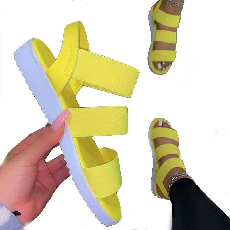 

Summer Women Stretch Sandals Platform Wedges Low Heel Elastic Strap Candy Color Outdoor Beach Casual Leisure Shoes Ladies 2021