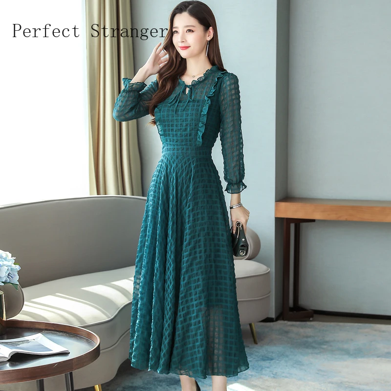 Женское шифоновое платье с оборками длинное длинным рукавом весна-лето 2021 |