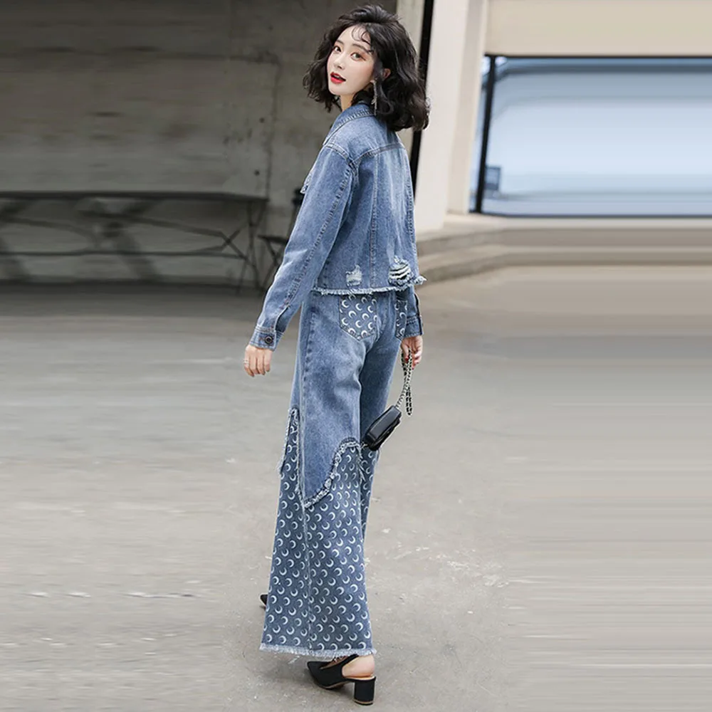 Модный костюм из джинсовой ткани с широкими штанинами для женщин весна осень