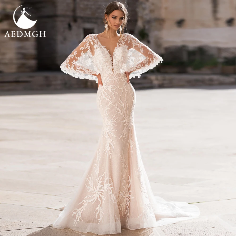 

Aedmgh Mermaid Vintage Wedding Dresses 2022 Sweetheart Bat Sleeve Vestido De Novia Charming Appliques Sheath Bridal Gowns