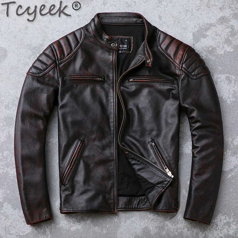 

Tcyeek High Quality Real Cow Leather Jacket Men Vintage Slim Motorcycle Jackets Streetwear Mens Clothing Chaqueta Cuero Hombre 0
