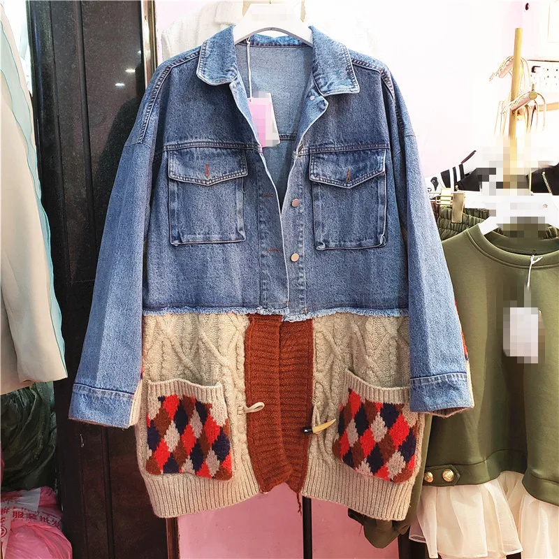 

Женская джинсовая куртка средней длины, повседневная трикотажная куртка средней длины с длинными рукавами и большими карманами, в европейс...