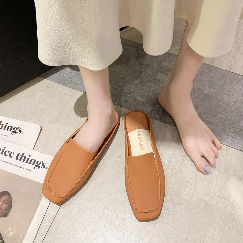 

Flat Shoes Female Rubber Slippers Low Loafers Cover Toe Beige Heeled Sandals Slides Black PU Rome Fabric PVC Flat Shoes Female R
