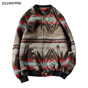 С геометрическим узором и стоячим воротником бейсбольная куртка человек шерстяное пальто Япония Стиль 2021 Демисезонный мужские этнические жакеты