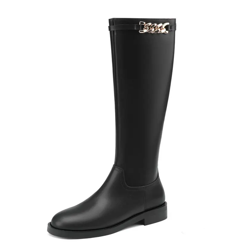 

Autumn Winter Genuine Leather Women Knee High Boots Classic Metal Decoration Office Ladies Casual Low Heels Shoes Woman