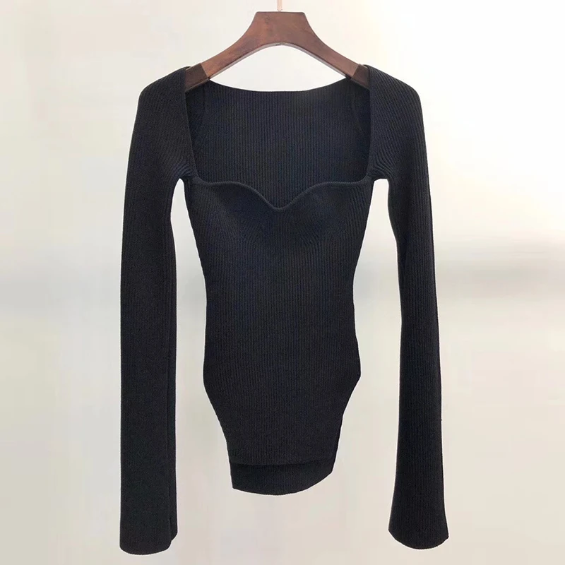 

Women Bodycon Pullover Sweater Asymmetrical Side Split Square Collar Spring Autumn Stretch Knitwear Sweaters