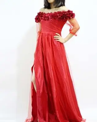 Женское вечернее платье с открытыми плечами длинное Бордовое из тюля рукавом 3/4 и