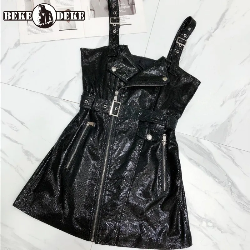 

Женское платье из натуральной кожи, короткое приталенное платье-трапеция с завышенной талией, с поясом, Весна 100%