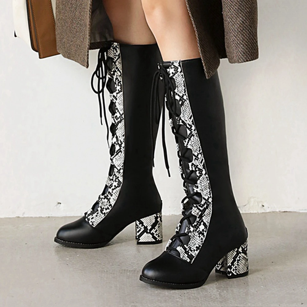 

Sarairis 2020 Big Size 48 Stylish Shoelaces Square Heels Patchwork Casual Knee High Boots Female Winter Shoes Woman