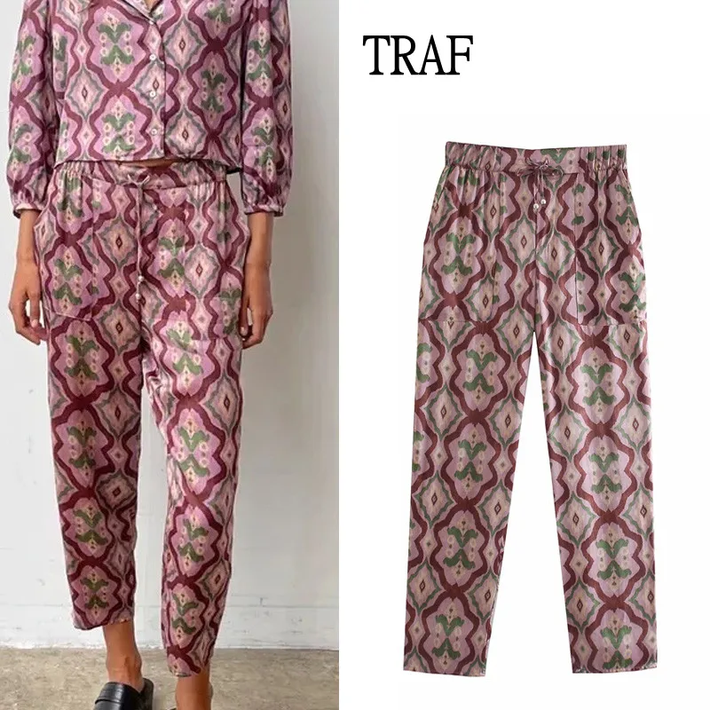 

TRAF Women's Pants Summer 2021 Vintage Print High Waisted Trousers Female Bow Tie Casual Pocket Elastic Waist y2k Pants Woman
