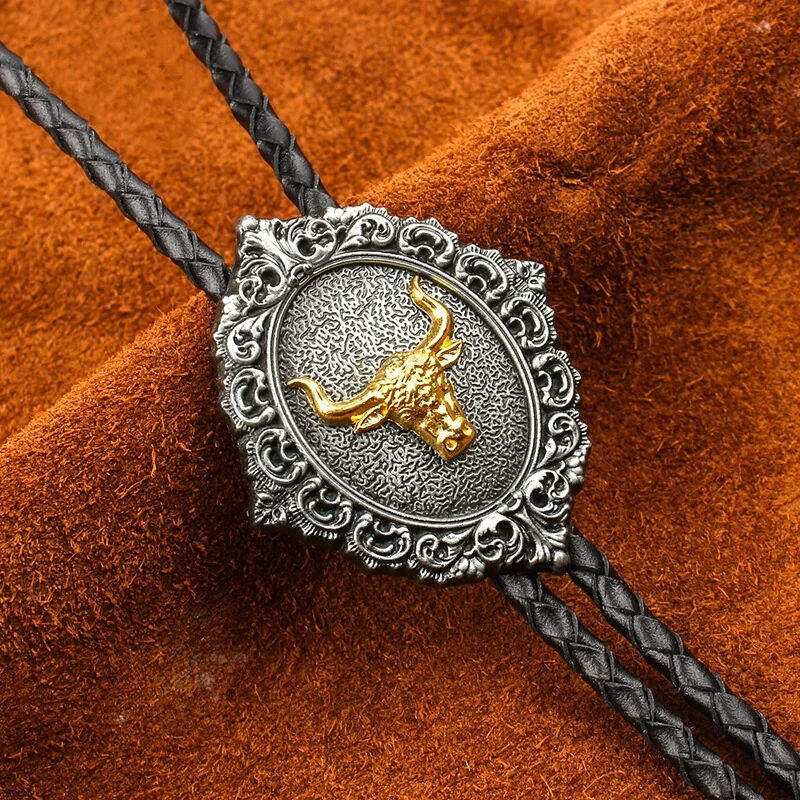 

Vintage Western Cowboy Mens BOLO Tie Slide Clip Net Cross Gold OX Head PU Leather Rope