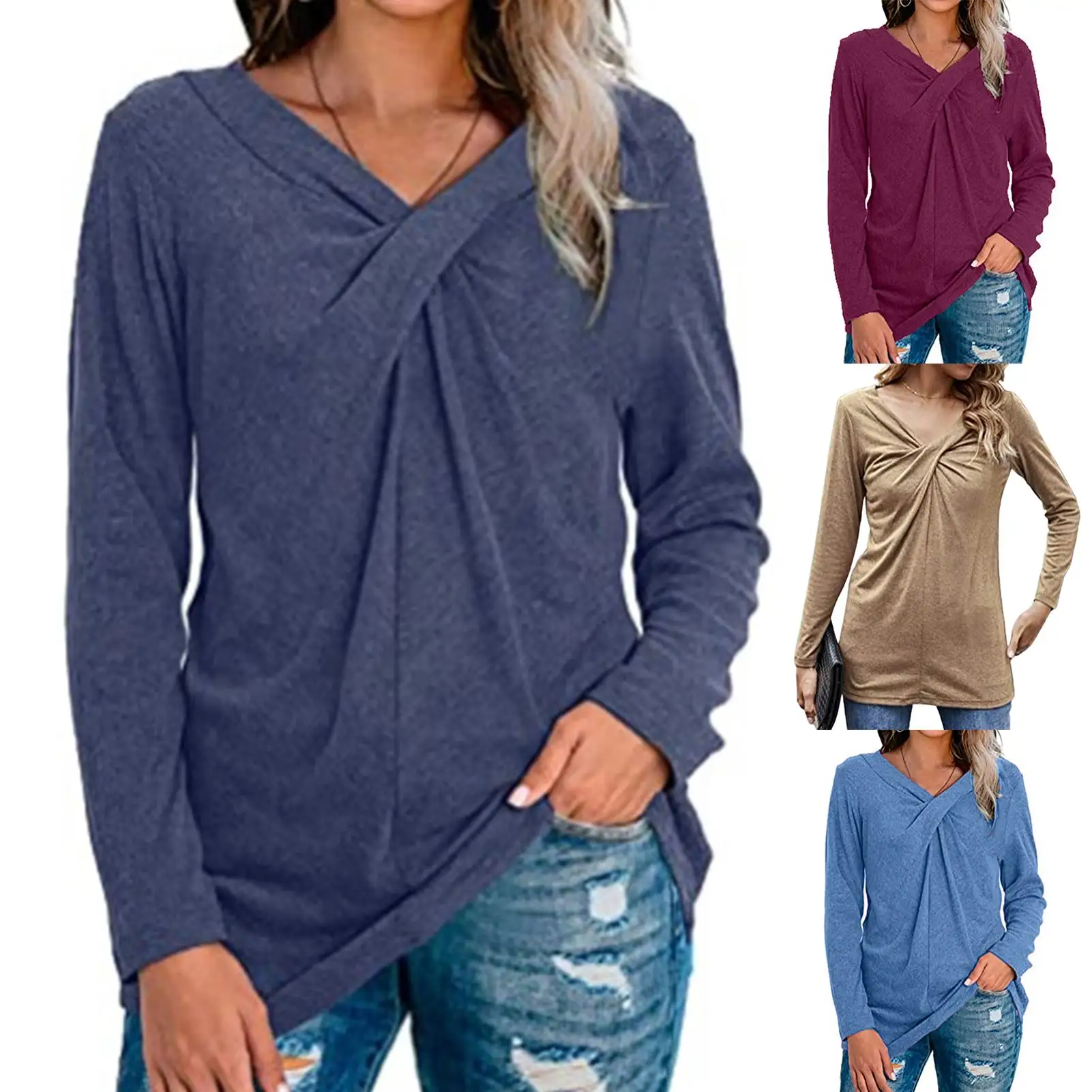 

Топы женские блузки осенние однотонные Цвет V образным вырезом блузка с длинными рукавами крест узел свободная туника Топ блузка женская ropa...
