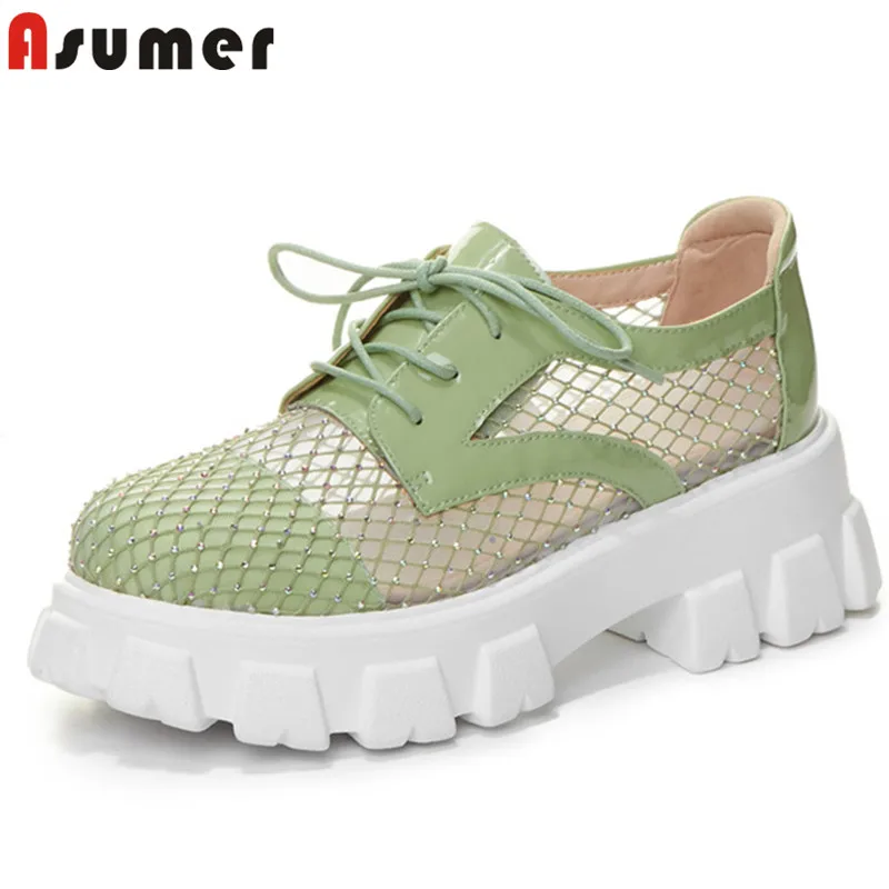 Женские туфли из лакированной кожи Asumer с круглым носком сетчатые на плоской