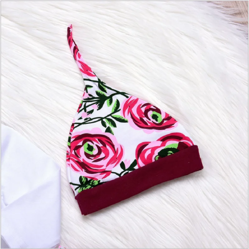 

New Style Autumn Spring Newborn Toddler Clothes Set Cotton White Long Sleeve Letter Printed Shirt and Roses Pants and Hat