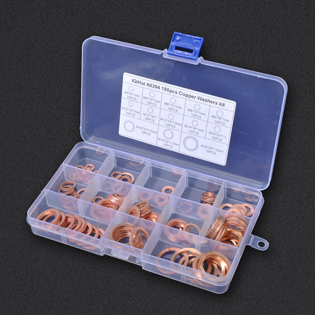 

150pcs 1.5mm M5-M20 Copper Washers Set Car Sump Plug Oil Sealing Flat Ring