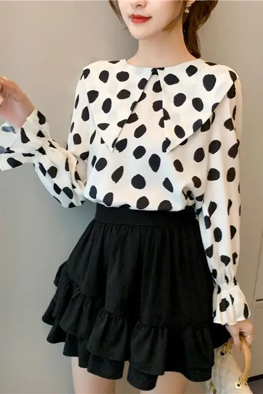 

COIGARSAM Vintage Full Sleeve blouse women New Spring Cute Chiffon Polka Dot blusas womens tops and blouses Black Wave Point 862