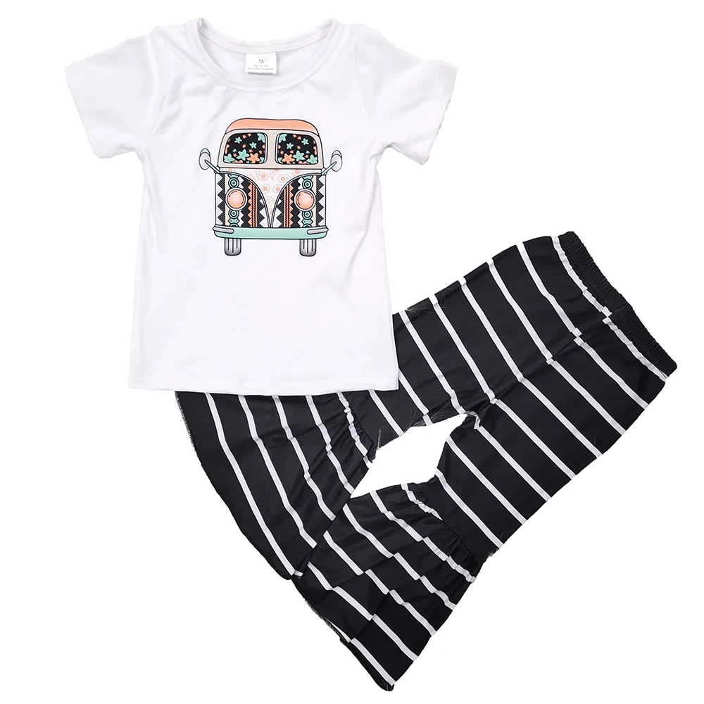 

New fashion spring summer baby girl clothing adorable infant todder boutique outfit camp bus white short sleeve top striped pant