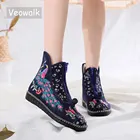 Женские хлопковые короткие ботильоны Veowalk с вышивкой павлина, осенне-зимние легкие удобные ботинки, обувь на плоской подошве для пожилых женщин