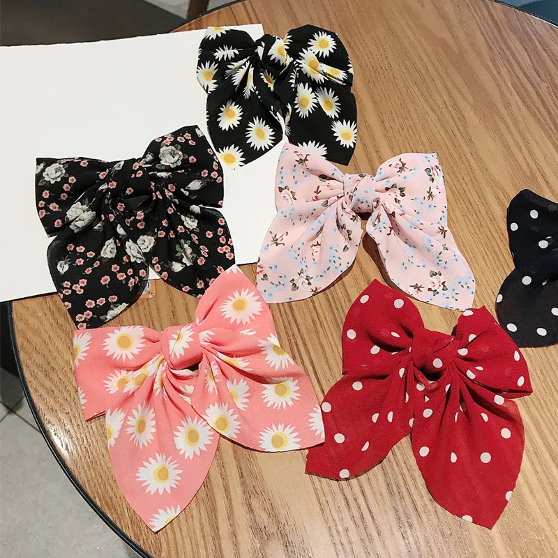 

Japanese Korean Style Polka Dot Floral Chiffon Butterfly Barrettes Big Bowknot Duckbill Clip Daisy Pastoral Retro Style Hairpin