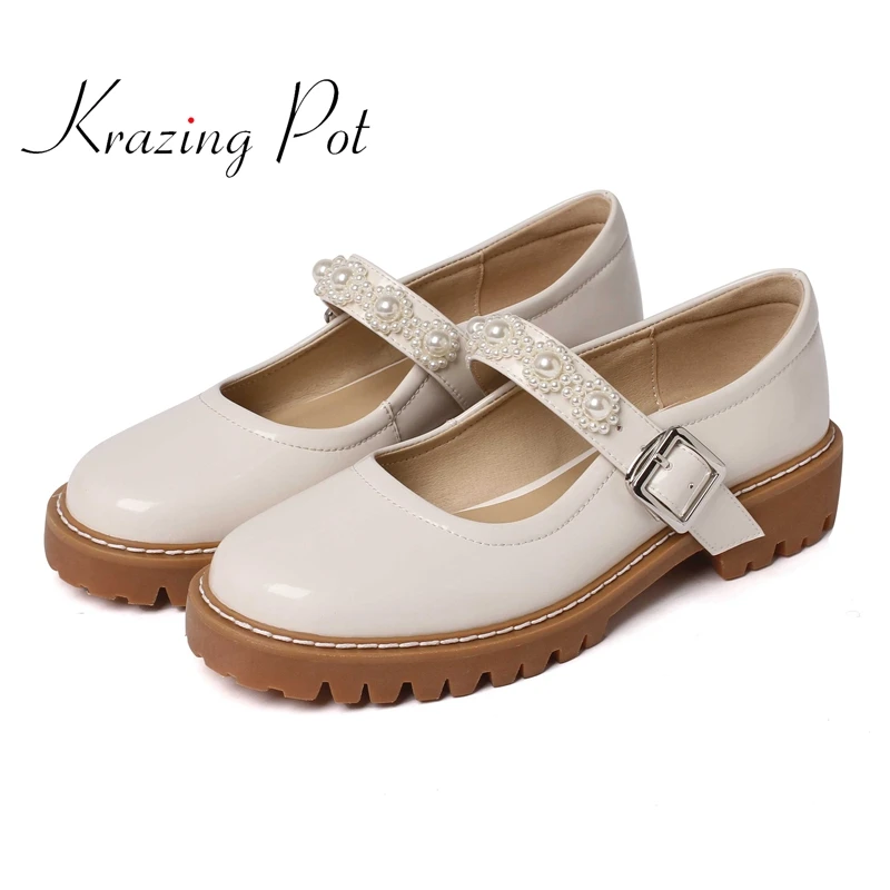 

Krazing Pot 2022 spring new arrival cow split leather round toe med heel pearl decorations elegant buckle strap women pumps L29
