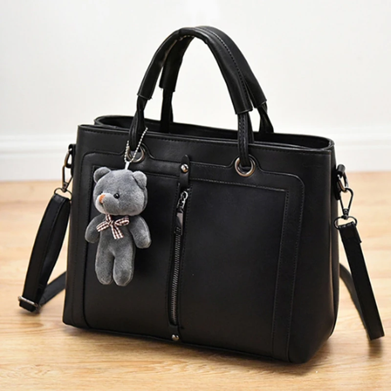 

Women Handbag Messenger Bag Ladies Shoulder Bag Retro Tote PU Leather Purse with Furry Bear Pendant
