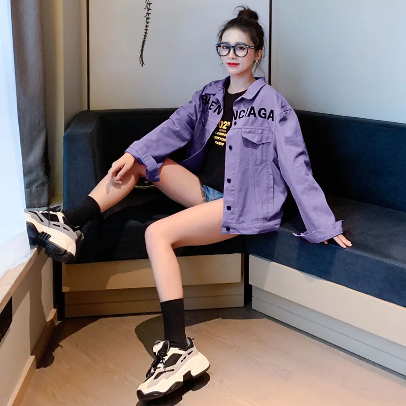 

Fashion Long Sleeve Women Denim Jackets 2021 Fall Autumn Spring Women Cotton Jacket Casual Pink Purple Jeans Jacket Famale Tops