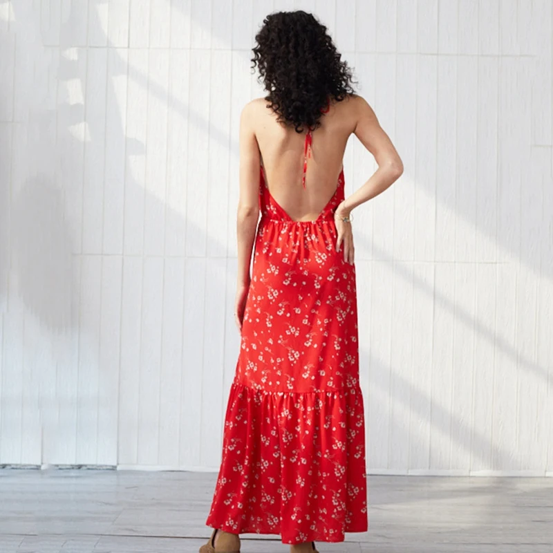 

Women Summer Backless Sexy Floral Printed Maxi Dress V Neck Vintage Beach Boho Casual Halter Dress