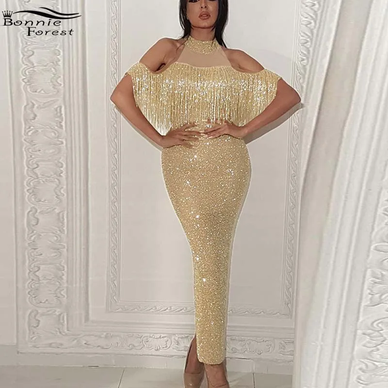Bonnie Forest элегантный металлический знаменитости сексуальное платье макси ShoulderTassel детали Длинное Макси-платье рубашка Наряд для дня рождения