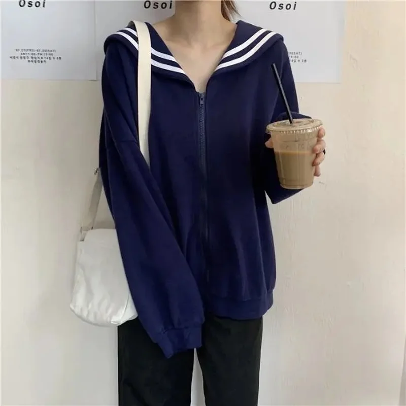 

Kawaii Black Zip Up Hoodie Women Sailor Collar Sweatshirt Japanese Streetwear Soft Girl 2021 Fashion Oversized Sweatshirt