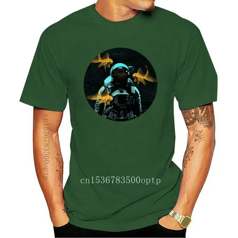 

Spring Fashion T Shirts New Coming Men's Green Tshirts Printed Astronauts And Goldfish T Shirts Cotton Tops/Tees On Sale