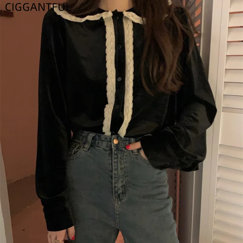 

2021 зимняя Новинка Корейская Толстая бархатная кружевная рубашка с длинным рукавом Женская винтажная черная блузка на пуговицах женская од...