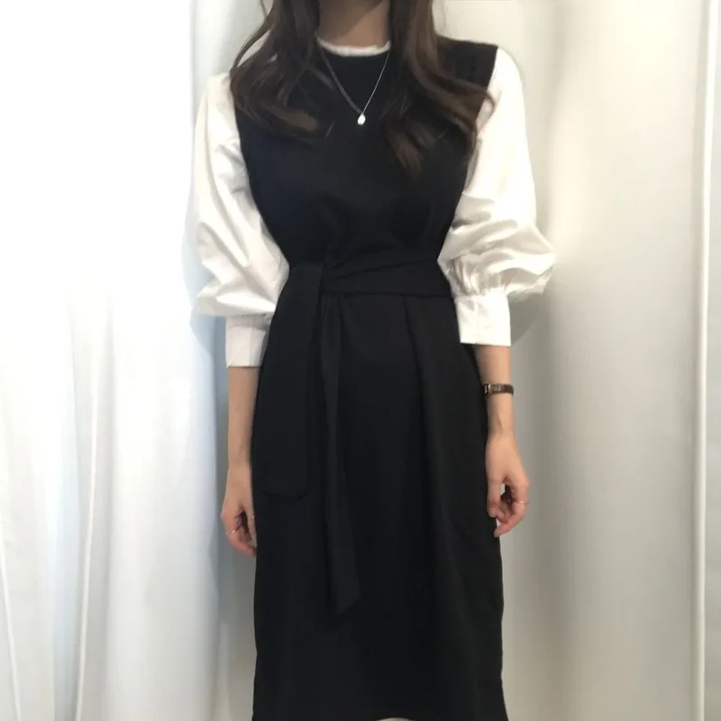 

Yocalor Fake Two Piece Drawstring Dress Chic Contrast Color Patchwork Puff Sleeve Dresses Women French Elegant Femme Vestidos