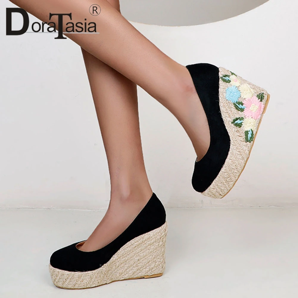

DORATASIA Plus Size 30-48 New Female Wedges High Heels Pumps Platform Slip On Flower Pumps Women Concise Casual Shoes Woman