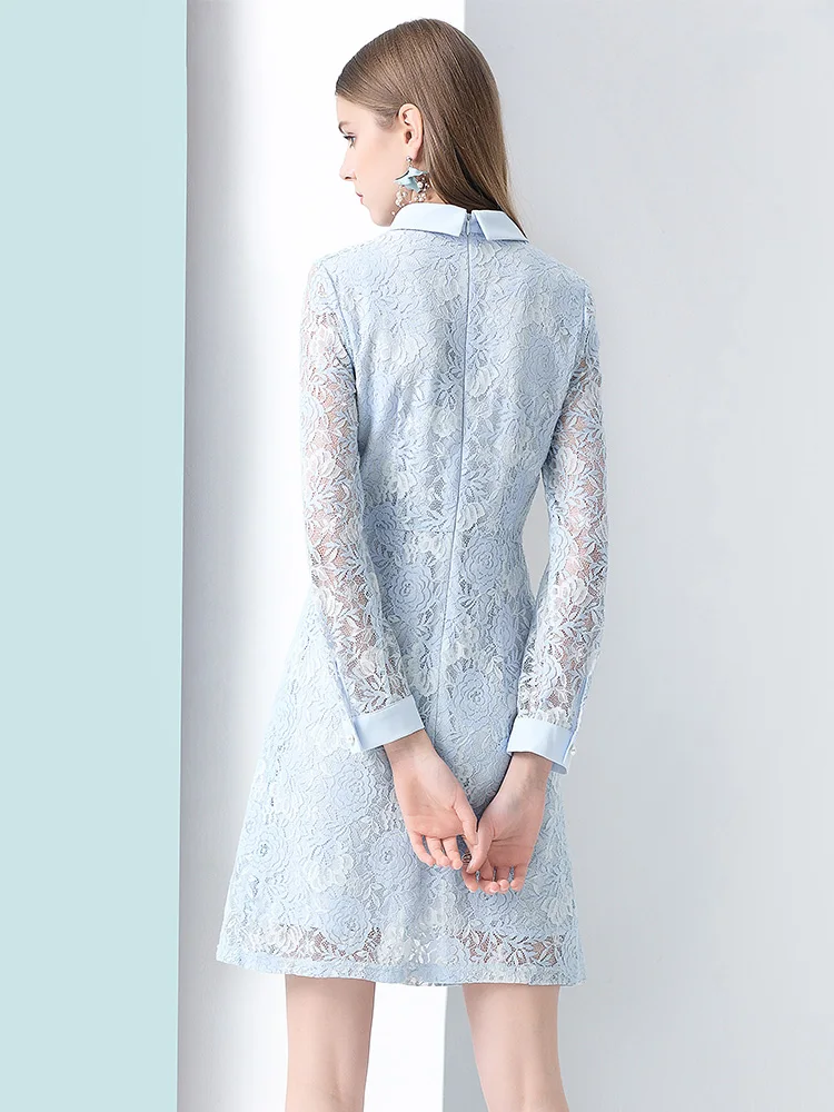 Only Plus Spring Autumn Women Lace Midi Dress Sky Blue Patchwork Bow Collar Runway Embroidery Party Elegant Dresses | Женская одежда