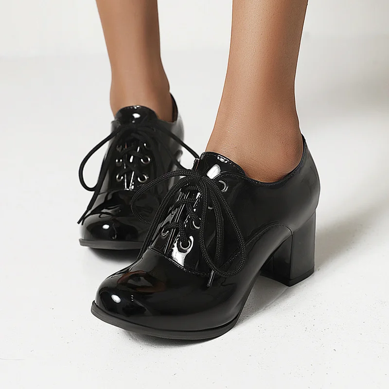 2021 New Spring Pumps Women Shoes Platform Heels Patent Leather Fashion Shoes Woman Dress Shoes High Heels Lace Up