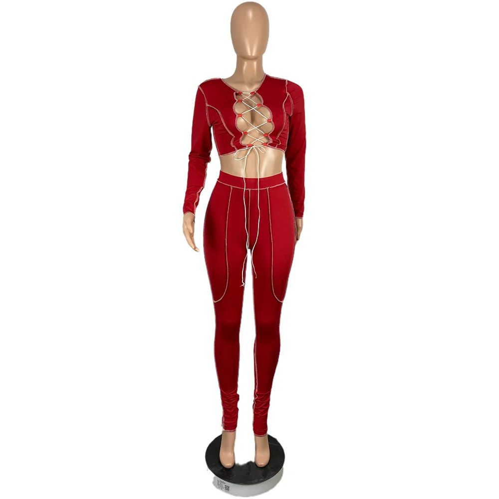 

Lace Up Hollow Out Long Sleeve Crop Top and Stretchy Skinny Leggings Women Fitness Two Piece Set Streetwear Solid Matching Suits